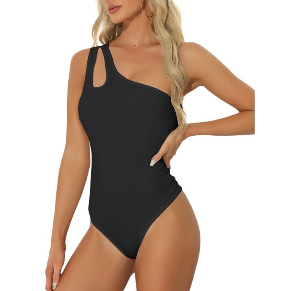 Women's One Shoulder Ribbed Knit Slim Fit Bodysuit Tank Leotard Top Black